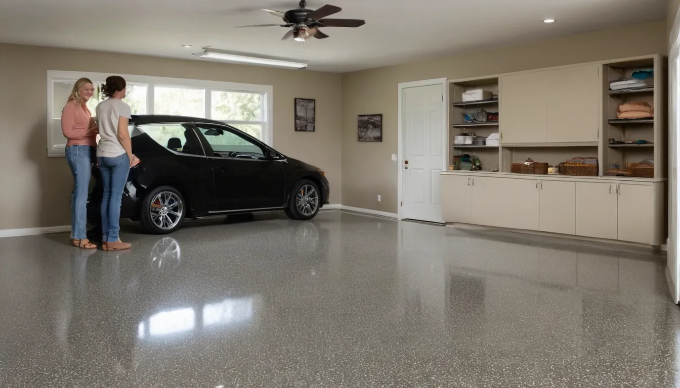 A freshly coated epoxy garage floor in a Burlington home with a clean gray flake finish