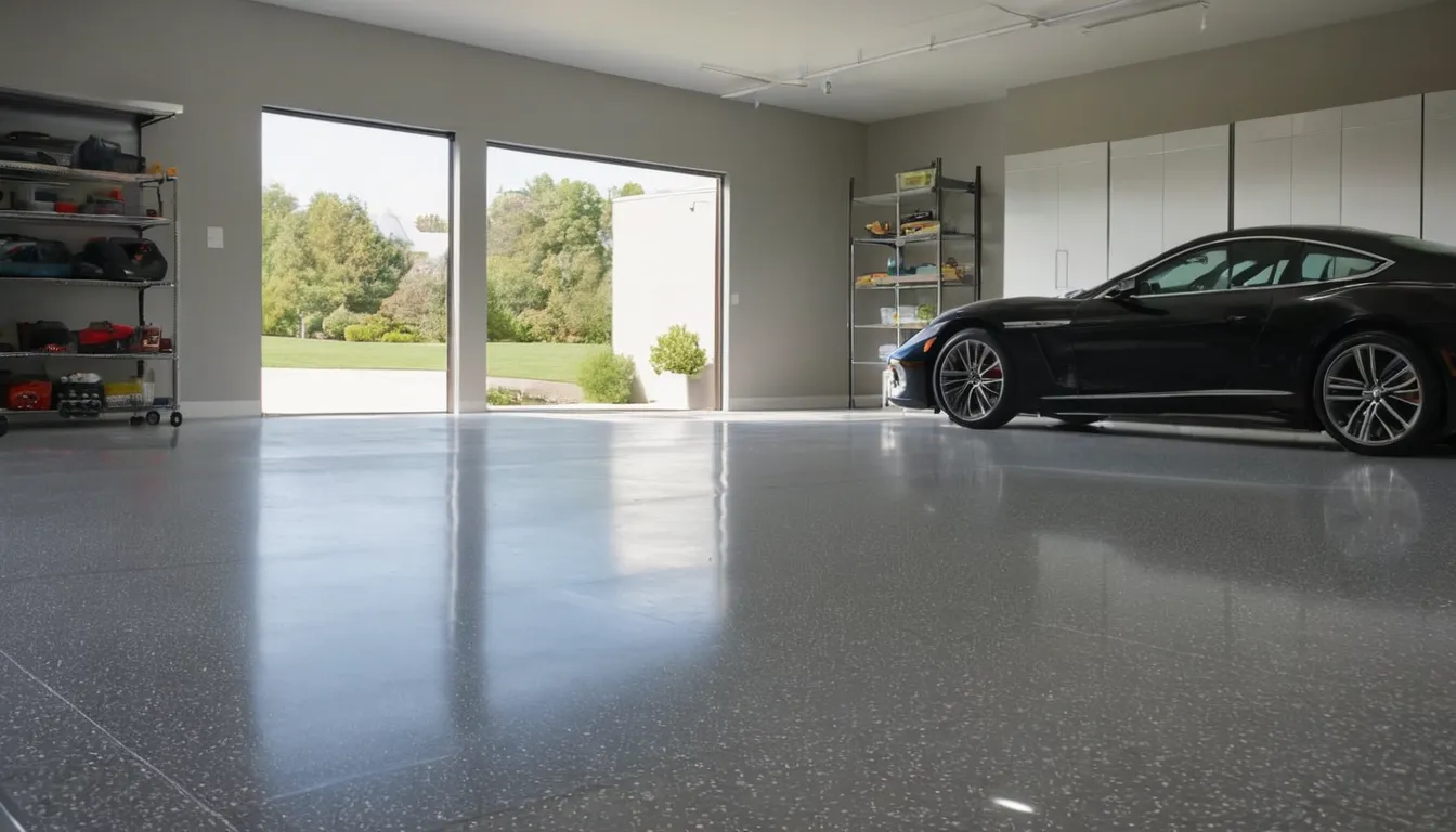 A freshly coated epoxy garage floor in a Burlington home